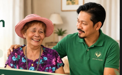 A caregiver sharing a warm moment with an older adult at home